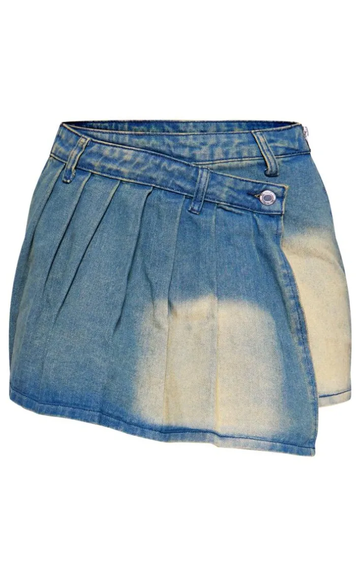 Indigo Vintage Wash Asymmetric Micro Mini Denim Tennis Skirt