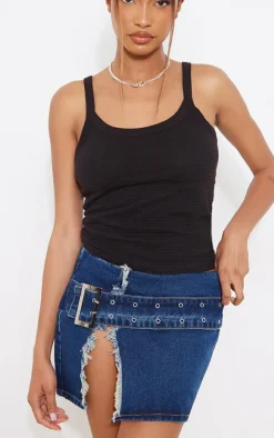 Indigo Vintage Wash Belt Detail Frayed Edge Mini Skirt