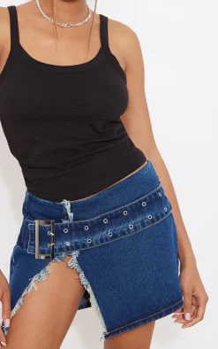 Indigo Vintage Wash Belt Detail Frayed Edge Mini Skirt
