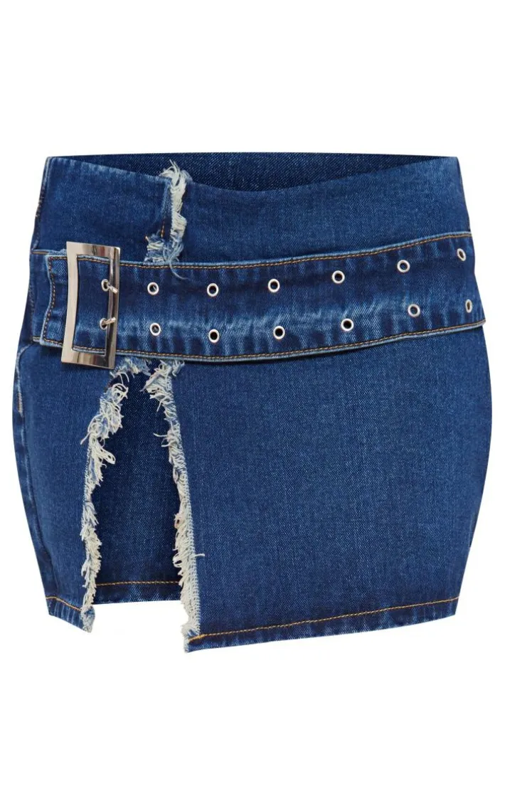 Indigo Vintage Wash Belt Detail Frayed Edge Mini Skirt