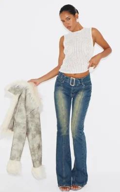 Indigo Vintage Wash Belted Seam Front Flare Jeans