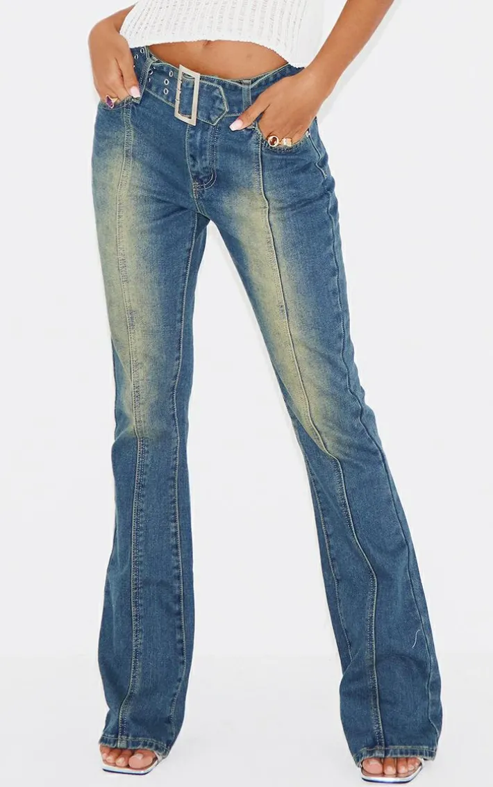 Indigo Vintage Wash Belted Seam Front Flare Jeans