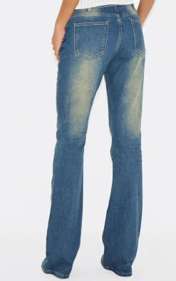 Indigo Vintage Wash Belted Seam Front Flare Jeans