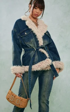 Indigo Vintage Wash Borg Contrast Tie Waist Denim Jacket