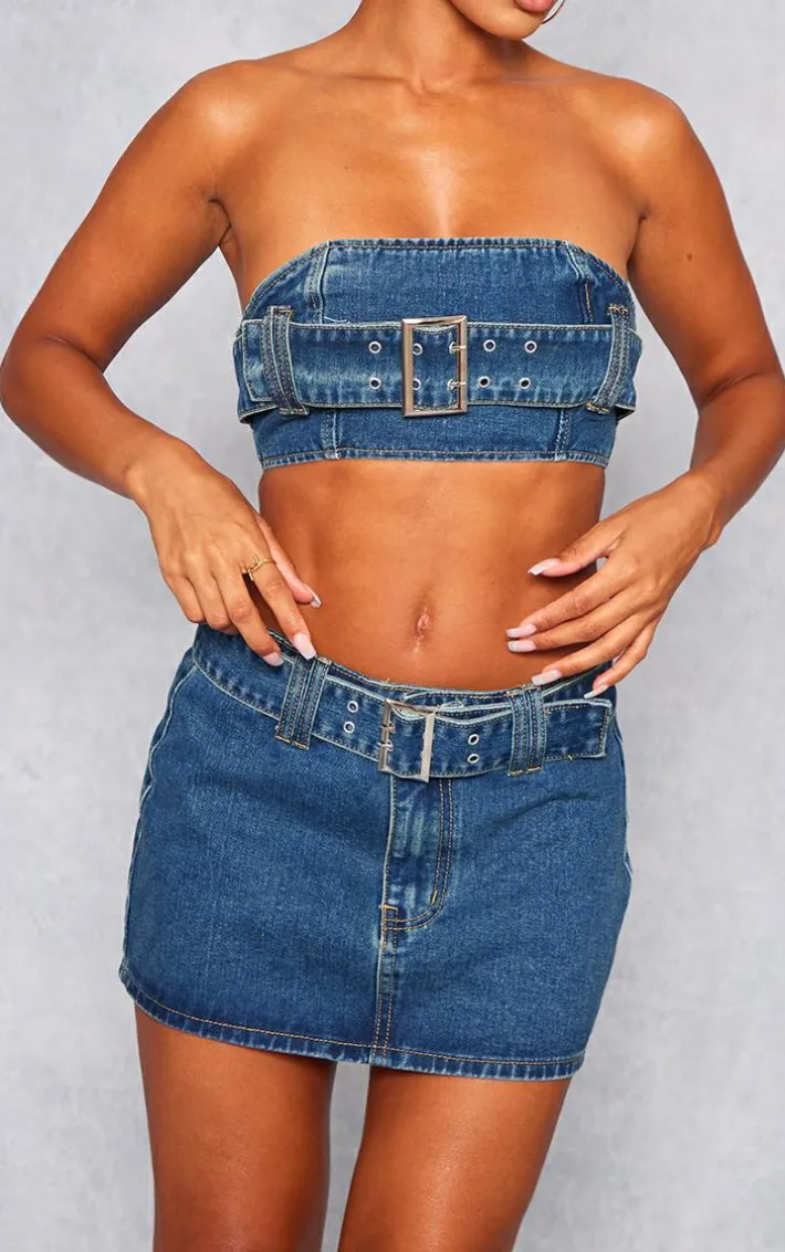 Indigo Vintage Wash Buckle Detail Denim Mini Bandeau Top