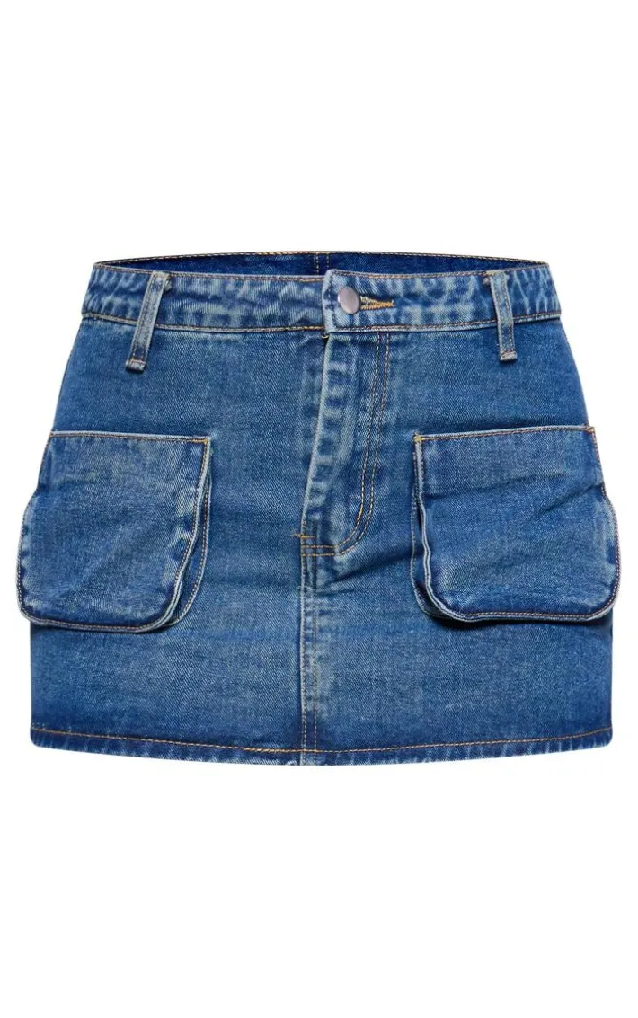 Indigo Vintage Wash Cargo Pocket Front Denim Mini Skirt