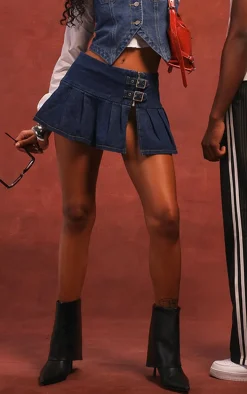 Indigo Vintage Wash Denim Buckle Detail Ultra Mini Skirt