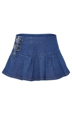 Indigo Vintage Wash Denim Buckle Detail Ultra Mini Skirt