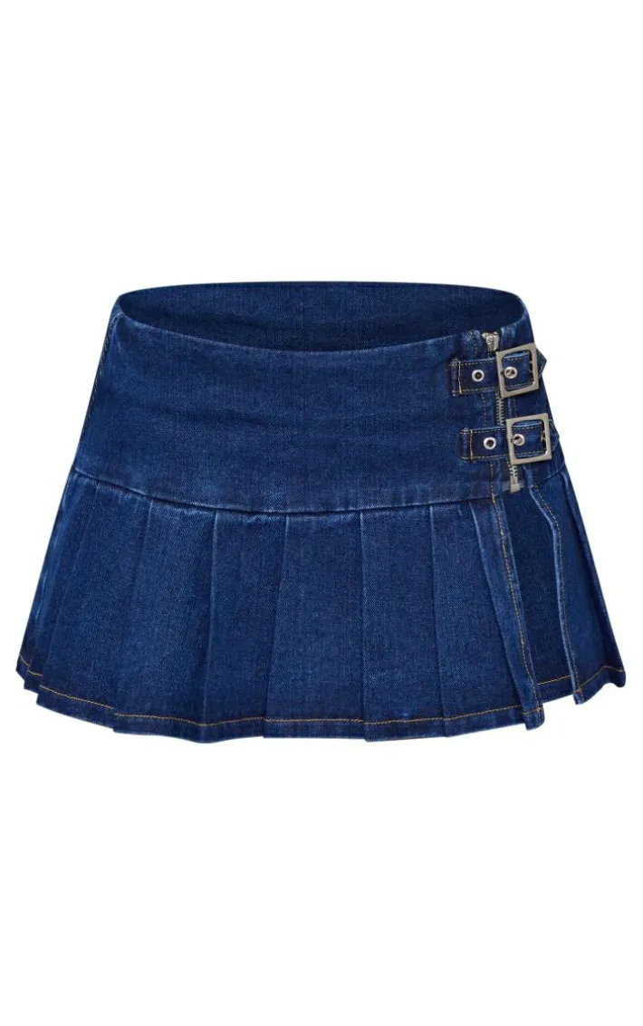 Indigo Vintage Wash Denim Buckle Detail Ultra Mini Skirt