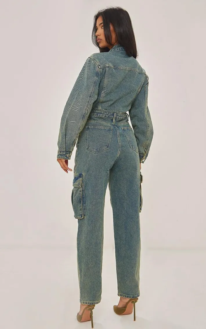 Indigo Vintage Wash Denim Cargo Racer Neck Jumpsuit