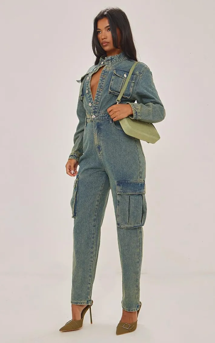 Indigo Vintage Wash Denim Cargo Racer Neck Jumpsuit