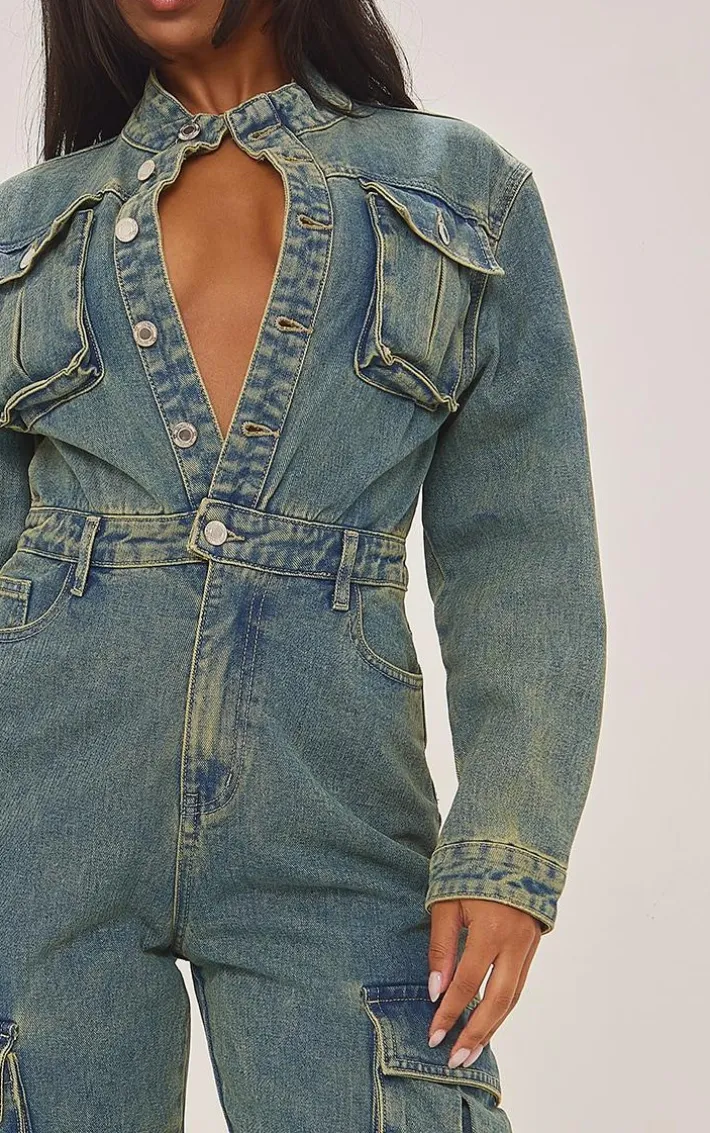 Indigo Vintage Wash Denim Cargo Racer Neck Jumpsuit
