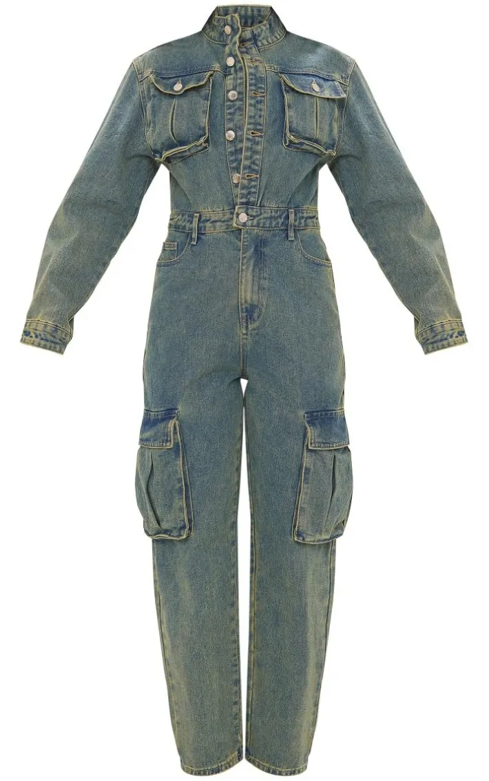 Indigo Vintage Wash Denim Cargo Racer Neck Jumpsuit