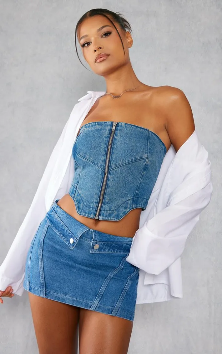 Indigo Vintage Wash Dip Hem Zip Front Denim Top