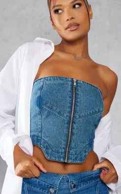Indigo Vintage Wash Dip Hem Zip Front Denim Top