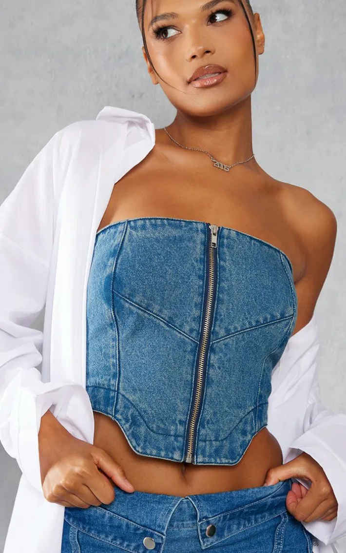 Indigo Vintage Wash Dip Hem Zip Front Denim Top