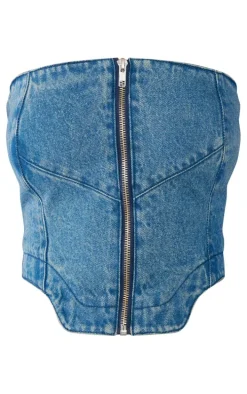 Indigo Vintage Wash Dip Hem Zip Front Denim Top