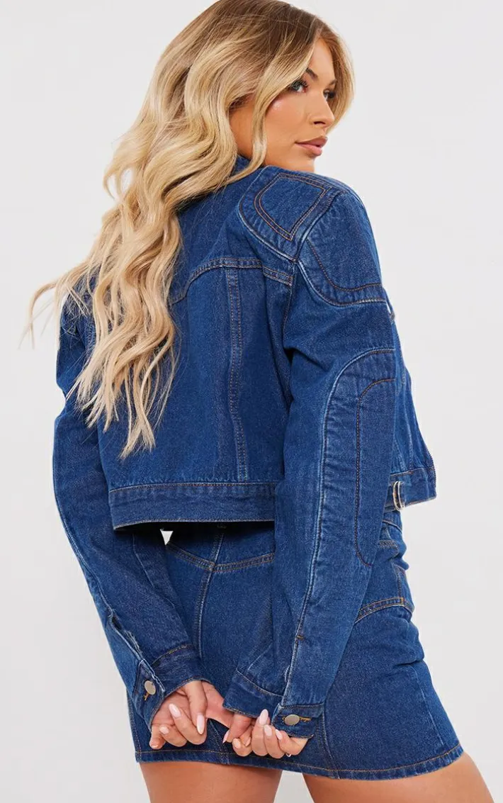 Indigo Vintage Wash Seam Detail Oversized Denim Bomber Jacket