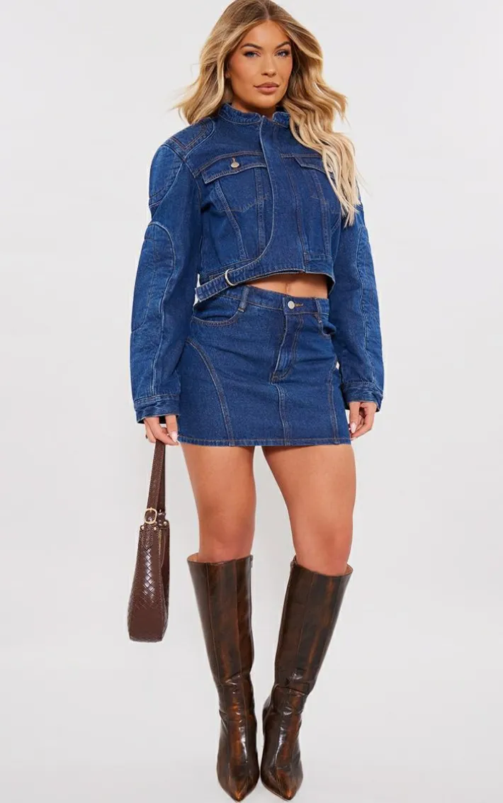 Indigo Vintage Wash Seam Detail Oversized Denim Bomber Jacket