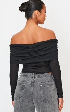 Ivory Burnout Mesh Fold Over Twist Detail Bardot Long Sleeve Top