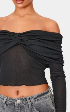 Ivory Burnout Mesh Fold Over Twist Detail Bardot Long Sleeve Top