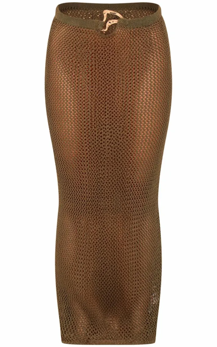 Khaki Crochet Gold Trim Detail Maxi Beach Skirt