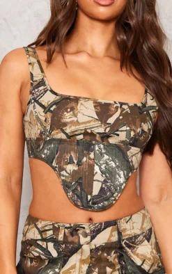Khaki Abstract Camo Printed Twill Dip Hem Structured Cargo Corset