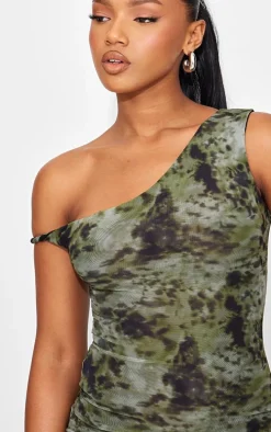 Khaki Abstract Mesh Asymmetric Print Bodycon Dress