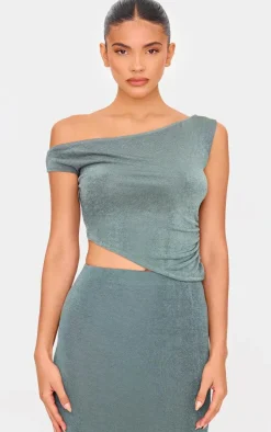 Khaki Acetate Slinky One Shoulder Ruched Asymmetric Top