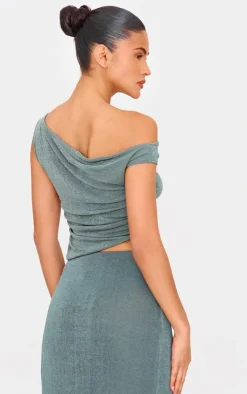 Khaki Acetate Slinky One Shoulder Ruched Asymmetric Top