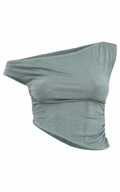 Khaki Acetate Slinky One Shoulder Ruched Asymmetric Top