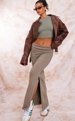 Khaki Acid Wash Cotton Fold Over Maxi Skirt