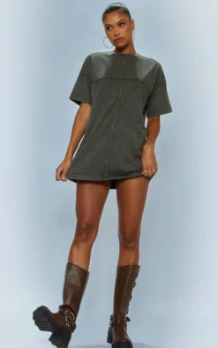 Khaki Acid Wash Long Sleeve Exposed Seam T Shirt Dress