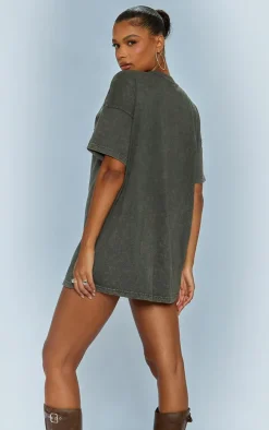 Khaki Acid Wash Long Sleeve Exposed Seam T Shirt Dress
