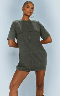 Khaki Acid Wash Long Sleeve Exposed Seam T Shirt Dress