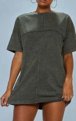 Khaki Acid Wash Long Sleeve Exposed Seam T Shirt Dress