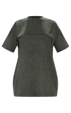Khaki Acid Wash Long Sleeve Exposed Seam T Shirt Dress