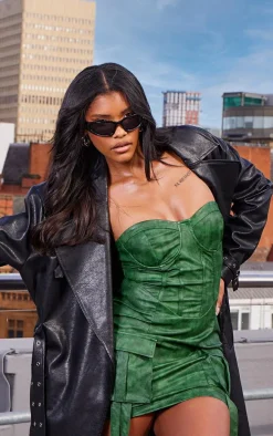 Khaki Acid Wash PU Pocket Detail Underwired Bodycon Dress