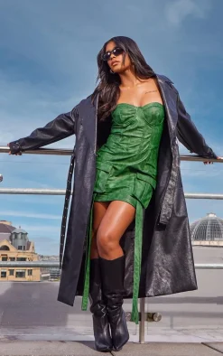 Khaki Acid Wash PU Pocket Detail Underwired Bodycon Dress