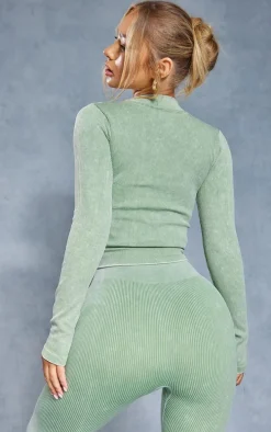 Khaki Acid Wash Seamless Rib Zip Up Cropped Sports Jacket