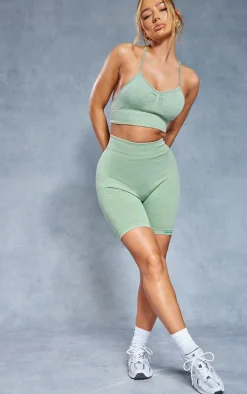 Khaki Acid Wash Seamless Rib Ruched Bum Booty Shorts