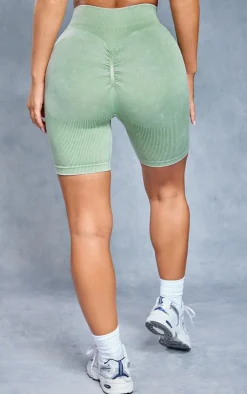Khaki Acid Wash Seamless Rib Ruched Bum Booty Shorts