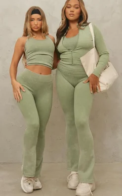 Khaki Acid Wash Seamless Rib Flare Yoga Pants