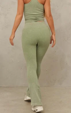 Khaki Acid Wash Seamless Rib Flare Yoga Pants