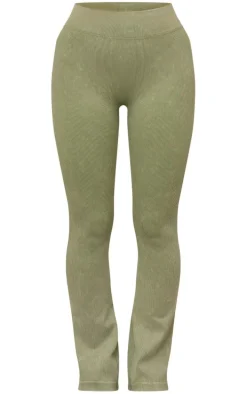 Khaki Acid Wash Seamless Rib Flare Yoga Pants