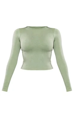 Khaki Acid Wash Seamless Long Sleeve Top