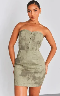Khaki Acid Wash Twill Binded Bandeau Bodycon Dress