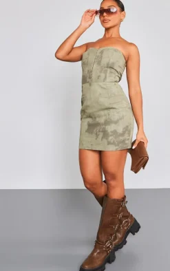 Khaki Acid Wash Twill Binded Bandeau Bodycon Dress