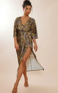 Khaki Animal Print Satin Batwing Plunge Split Midaxi Dress