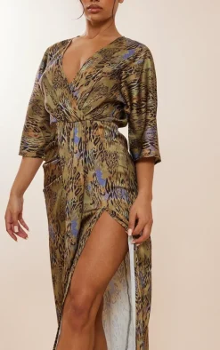 Khaki Animal Print Satin Batwing Plunge Split Midaxi Dress
